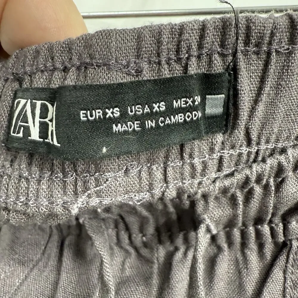 Zara Linen Blend Crop Pants XS Gray Elastic Waist Tie Boho Coastal Relaxed